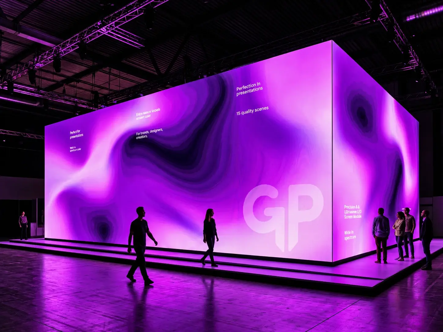 Pantalla LED de gran formato con el logo GP en un evento corporativo